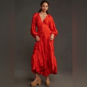 Farm Rio Long-Sleeve V-Neck Jacquard Maxi Dress